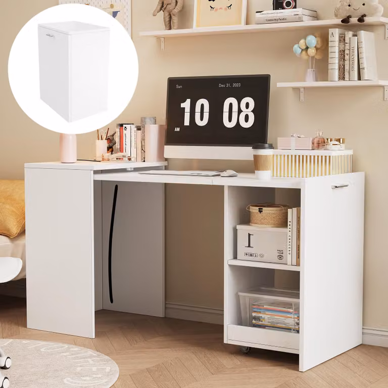 Merax scrivania 2 in 1 su rotelle, tavolo pieghevole multifunzionale, scrivania, armadio, con ripiani aperti, tavolo per computer, tavolo da ufficio, bianco