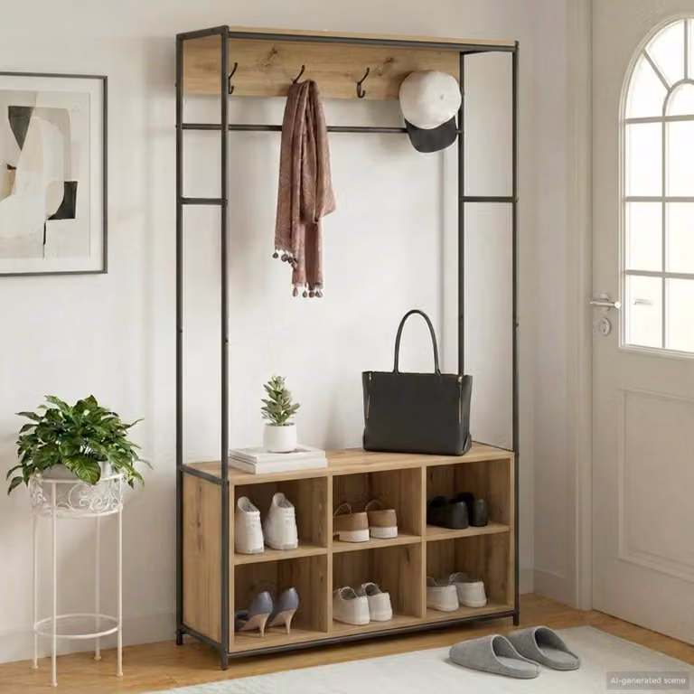 vidaXL Appendiabiti con panca per scarpe in stile industriale, colore marrone, L: 130,0 cm, P: 32,0 cm, H: 180,5 cm