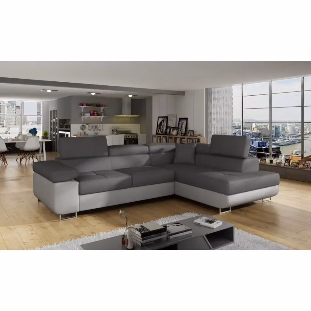 Divano angolare trasformabile MENTON MEUBLORAMA grigio e bianco con angolo destro, funzione letto e contenitore, L 272 cm x P 145 cm x H 85 cm – 2