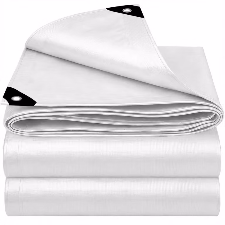 Telo coprioggetto 5x6 metri, bianco, impermeabile, stabilizzato contro i raggi UV, resistente allo strappo, con occhielli
