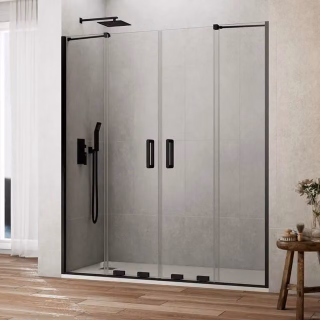 Box doccia rettangolare KENNA 2 con 2 elementi fissi e 2 scorrevoli, L: 150 cm, vetro trasparente e finitura nero opaco