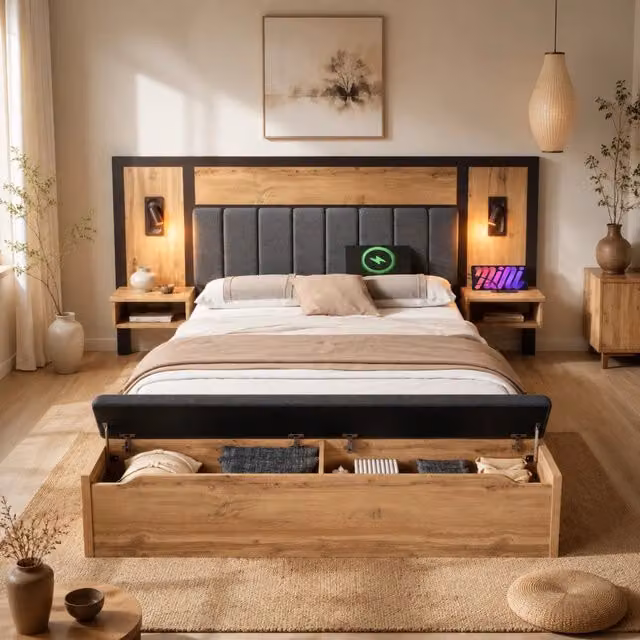 Letto matrimoniale 160x200 cm con luci da lettura; comodini USB/Type-C e panca contenitore; rovere