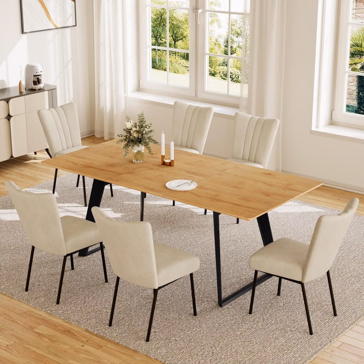 Tavolo allungabile, dimensioni 130-170 cm, con 6 sedie, finitura effetto legno beige, struttura in metallo nero