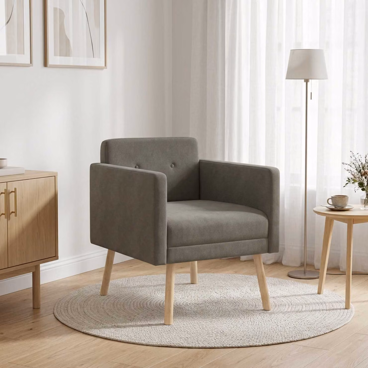 Sedia d'accento moderna vidaXL in velluto a coste grigio con braccioli