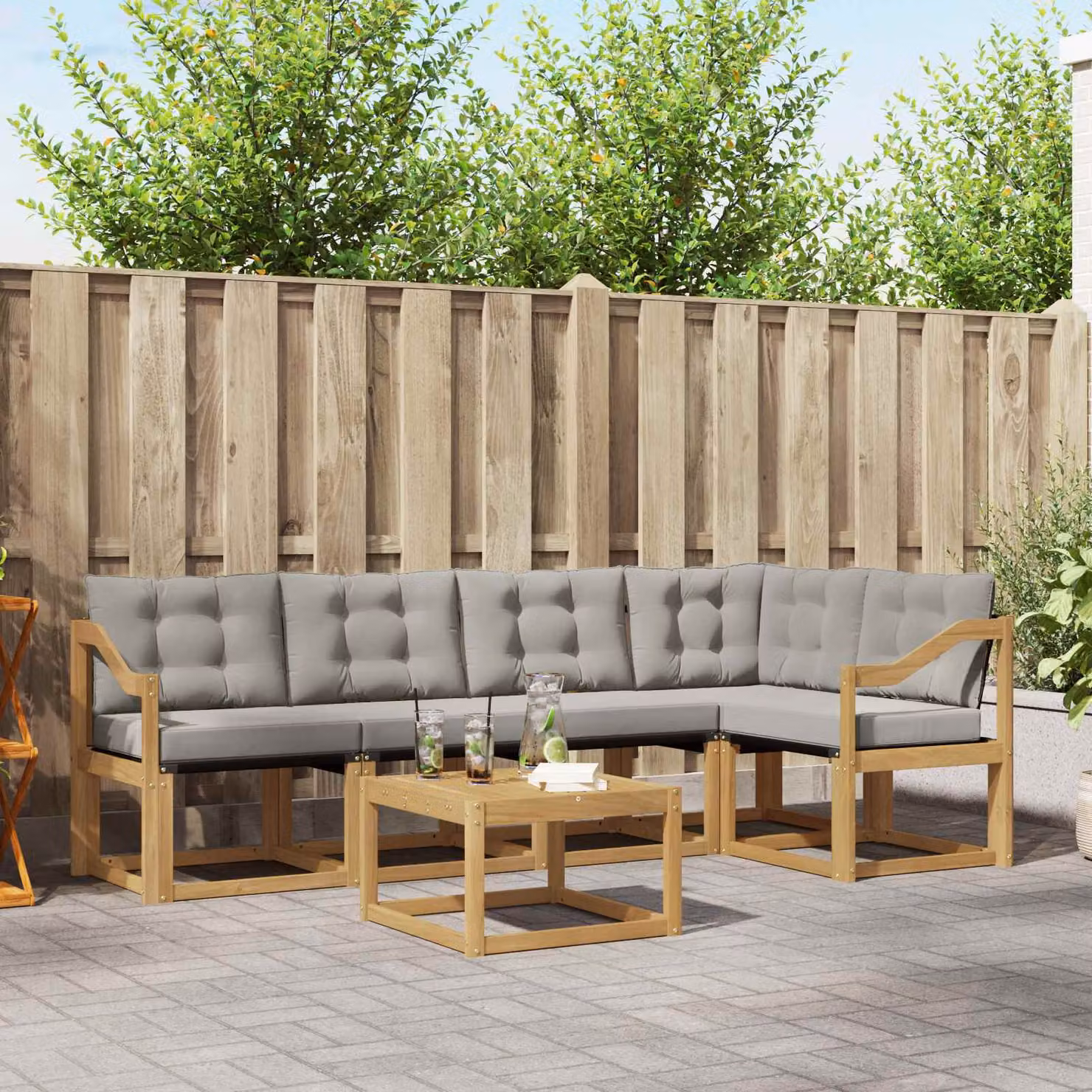 vidaXL Set di divani da esterno 6 pz in legno di acacia e textilene, Bianco e Grigio Chiaro