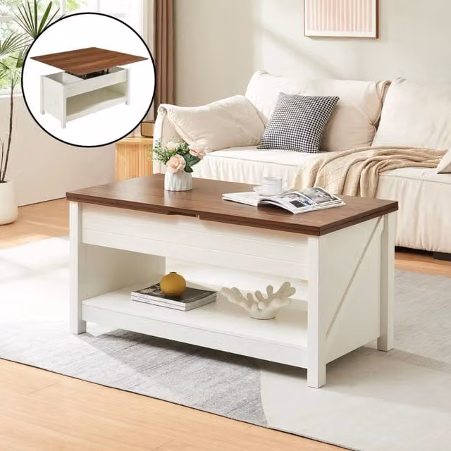 Tavolino da salotto Kasama en.casa con piano sollevabile e apribile, Effetto Noce e Bianco, L: 110 cm, P: 55 cm, H: 54 cm