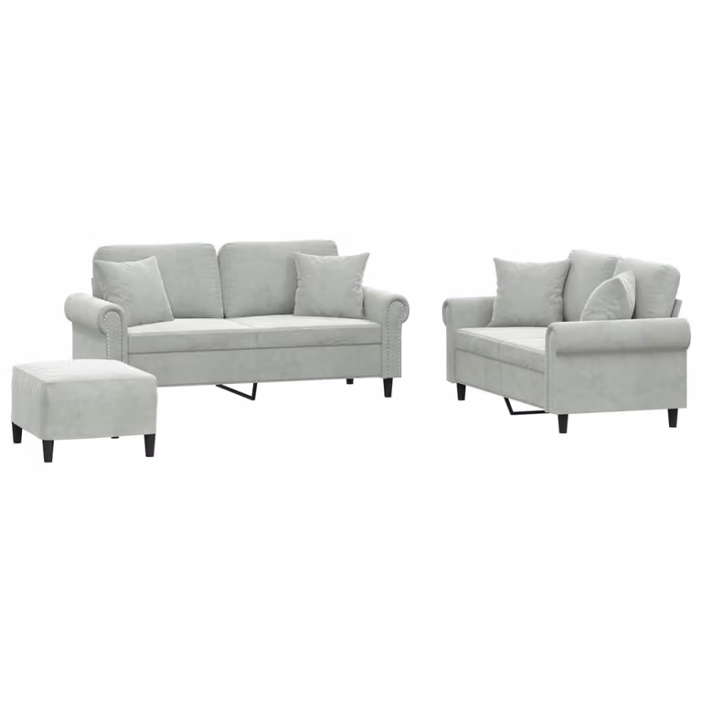 Set di Divani 3 pz con Cuscini Grigio Chiaro in Velluto