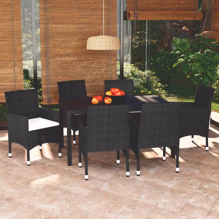 Set da pranzo per giardino e terrazzo vidaXL in polyrattan nero e bianco con 7 pezzi e cuscini