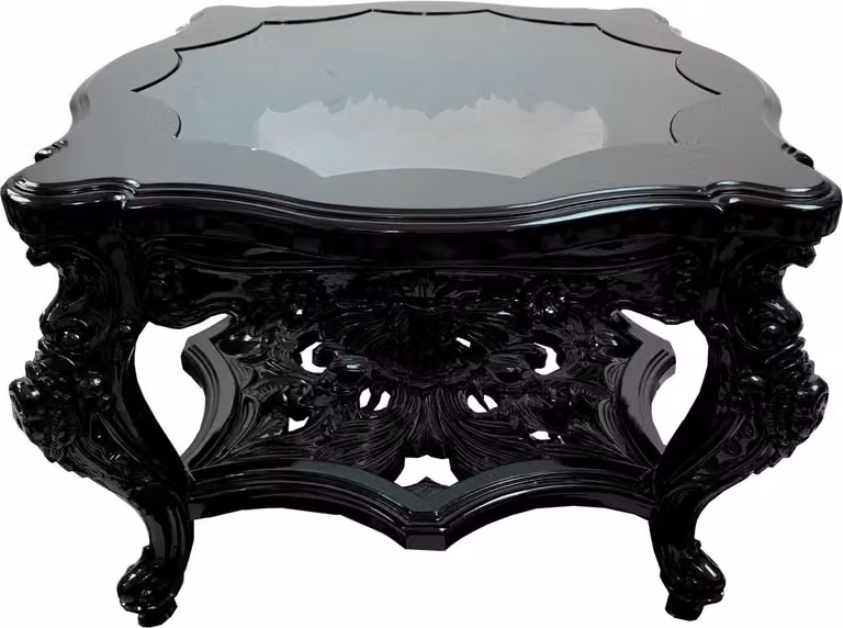 Magnifico tavolino barocco intagliato a mano, nero con piano in vetro incassato 76 x 76 x H 52,5 cm di Casa Padrino