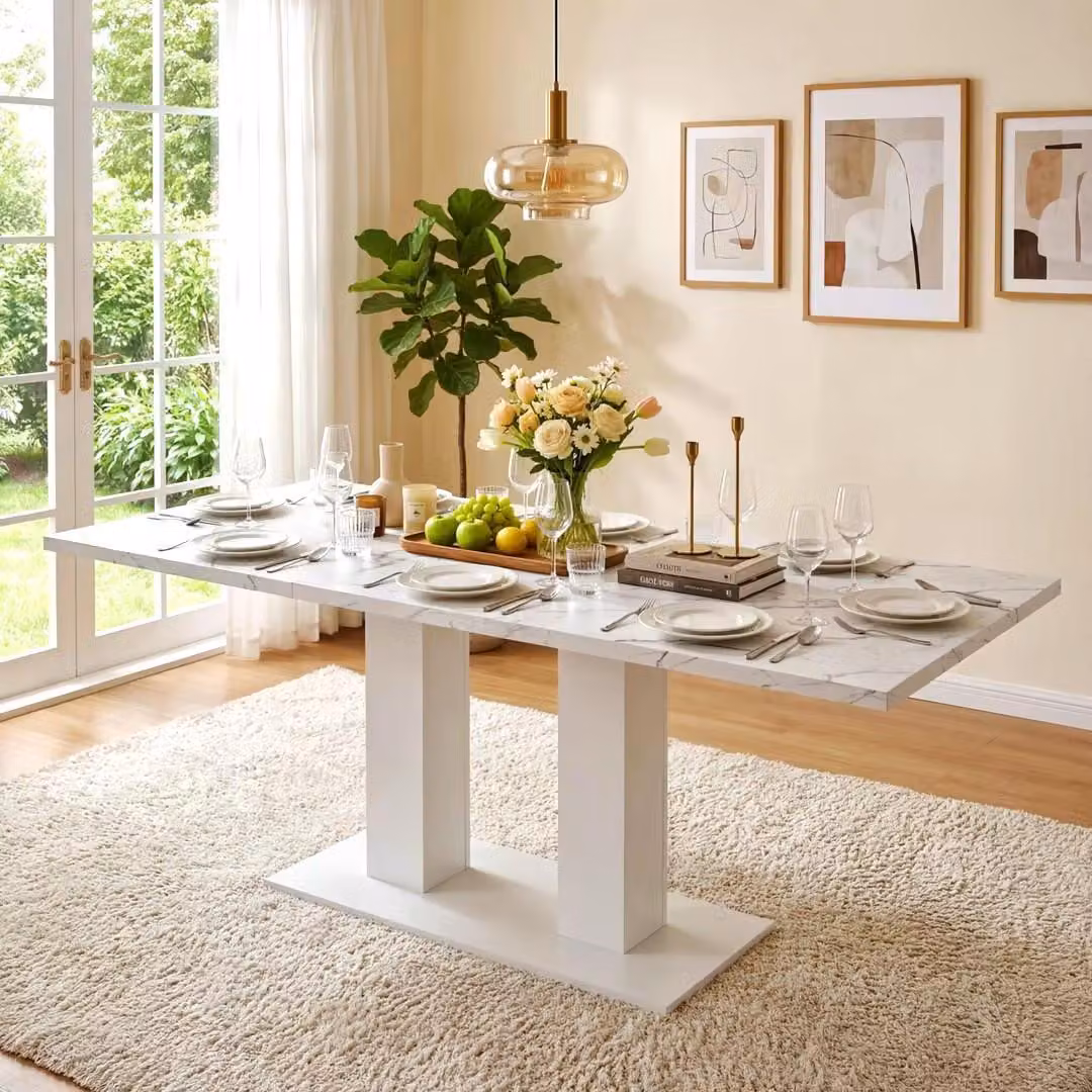 Tavolo da pranzo allungabile Flieks, adatto per 6-8 persone, forma rettangolare, dimensioni 140-180 x 70 x 75 cm, piano rinforzato, bianco