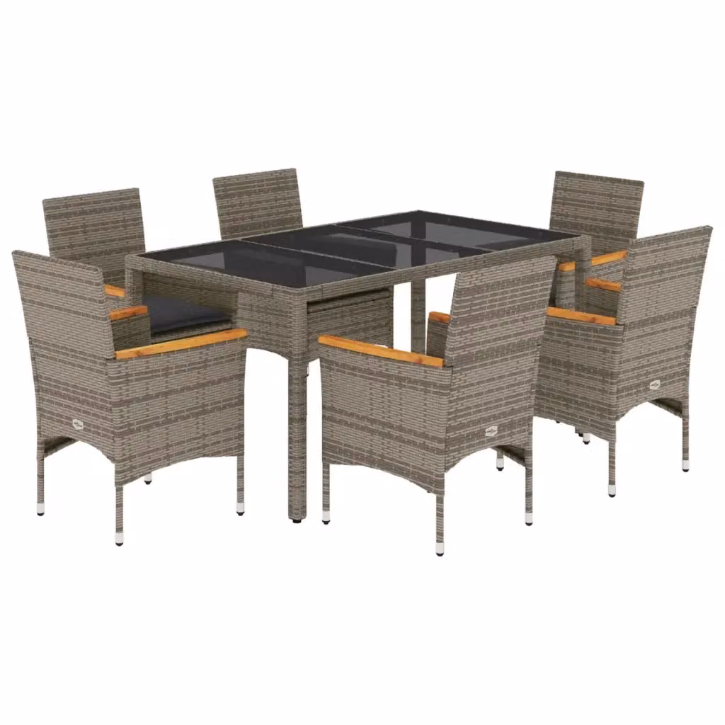 vidaXL Set da Pranzo da Giardino 7 pz in Polyrattan e Legno di Acacia con Vetro e Cuscini Grigio – 2