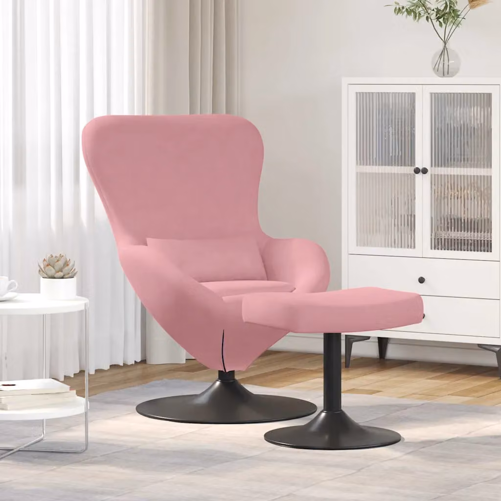 Sedia Egg con Pouf vidaXL in Velluto Rosa con Struttura in Metallo e Rotazione a 360 Gradi