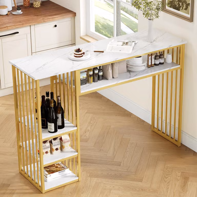 Tavolino bar con spazio contenitore, 3 ripiani e struttura in metallo, tavolino da pranzo con piano in MDF effetto marmo, bancone da cucina 140x40x105 cm, bianco e oro