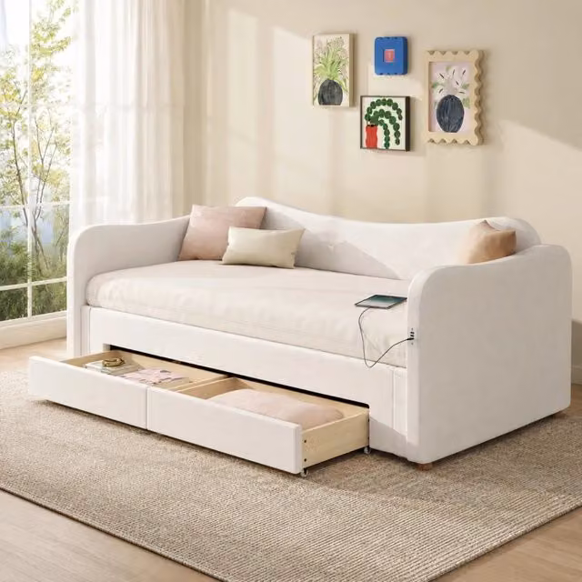 Letto da giorno imbottito estraibile 90x200/180x200 cm con 2 cassetti; USB e Type-C; velluto beige