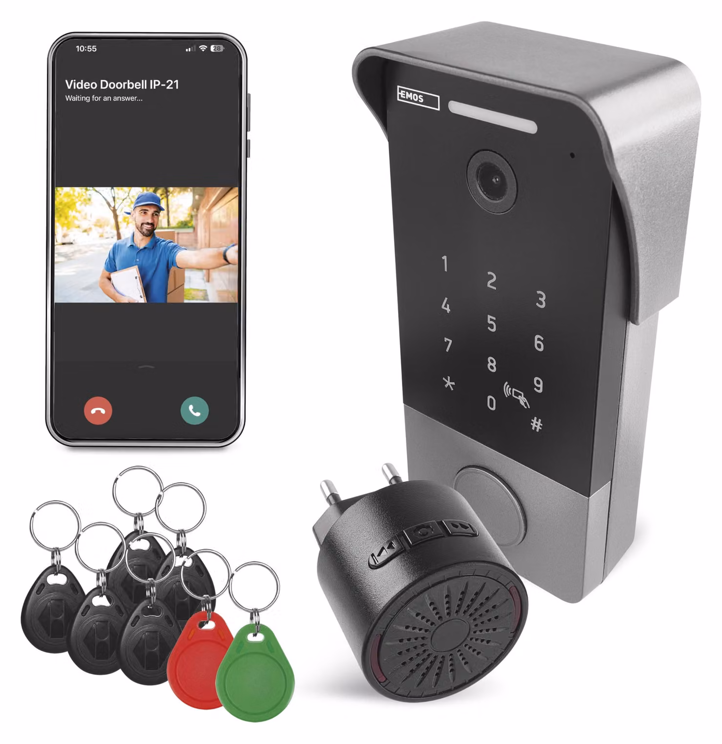 Campanello video EMOS GoSmart con app, connessione Ethernet a 1 filo, impermeabile, telecamera FullHD 2Mp, con codice. serratura, campanello, alimentatore, chip RFID, H4034