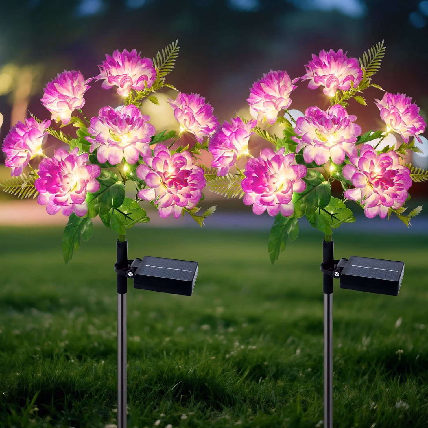 Set di 2 lampade solari a forma di crisantemo, con luci LED bianco caldo, 8 modalità, grado di protezione IP65