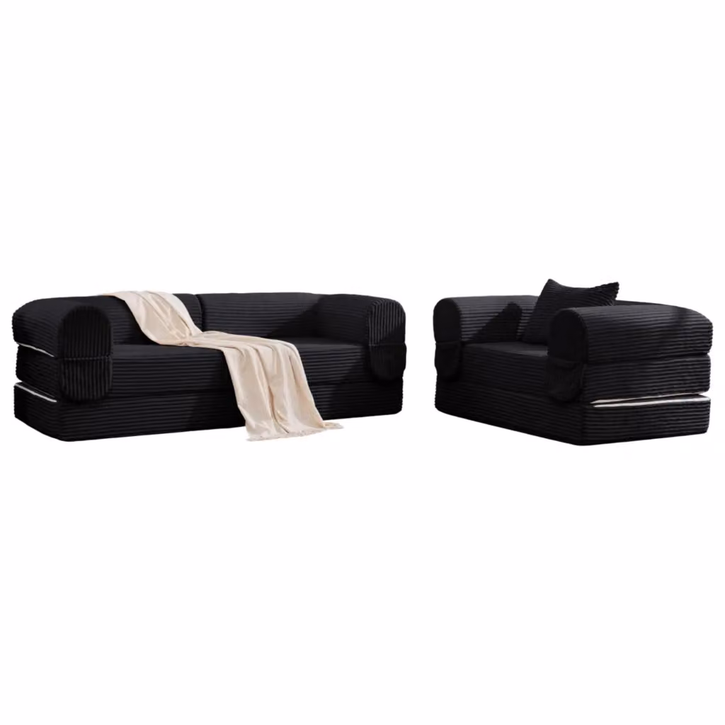 Set di Divani Modulari in Velluto a Costine con Rivestimento Rimovibile, Design Moderno Senza Struttura, Nero – 2