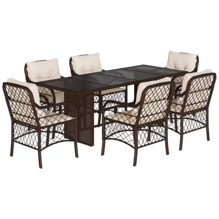 Set da Pranzo da Giardino 7pz con Cuscini in Polyrattan Marrone