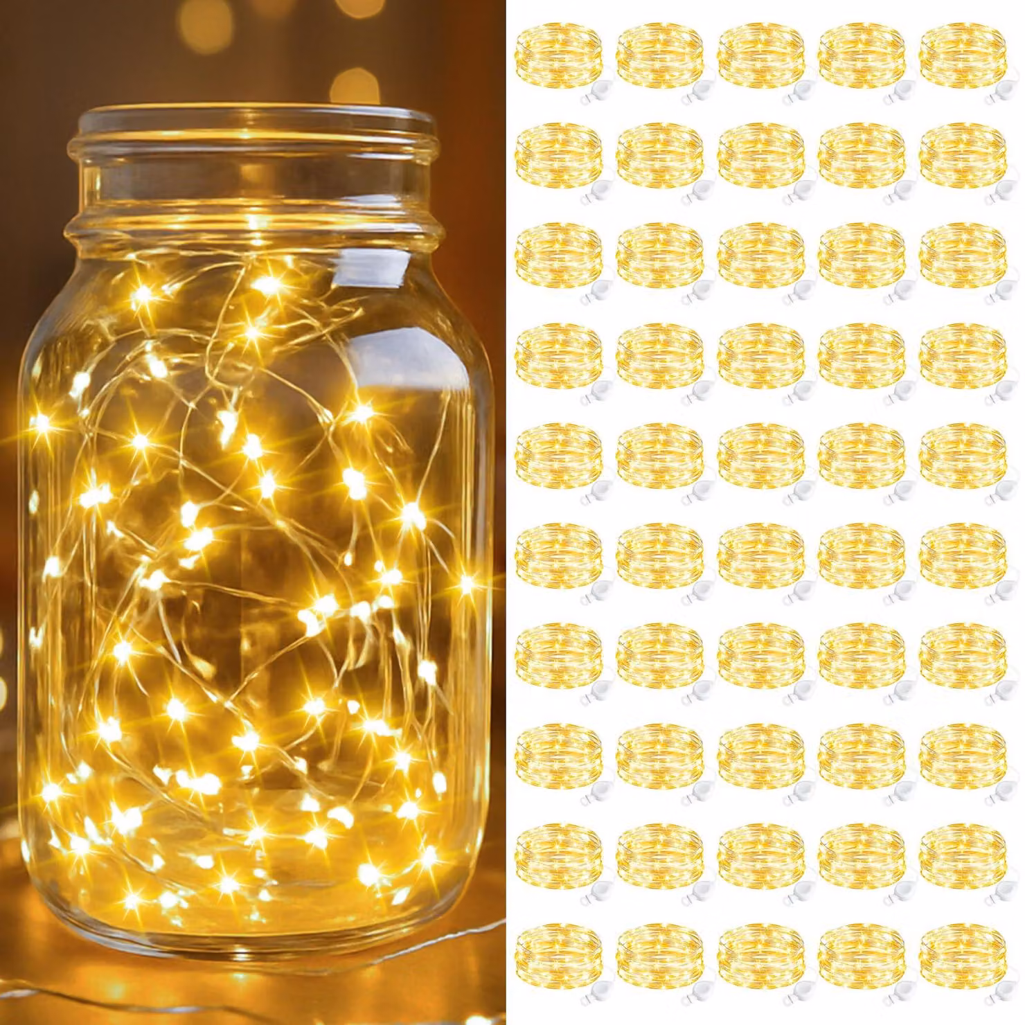 Catena luminosa a LED, 50 luci, 2 metri, 20 LED bianco caldo, impermeabile, alimentata a batteria