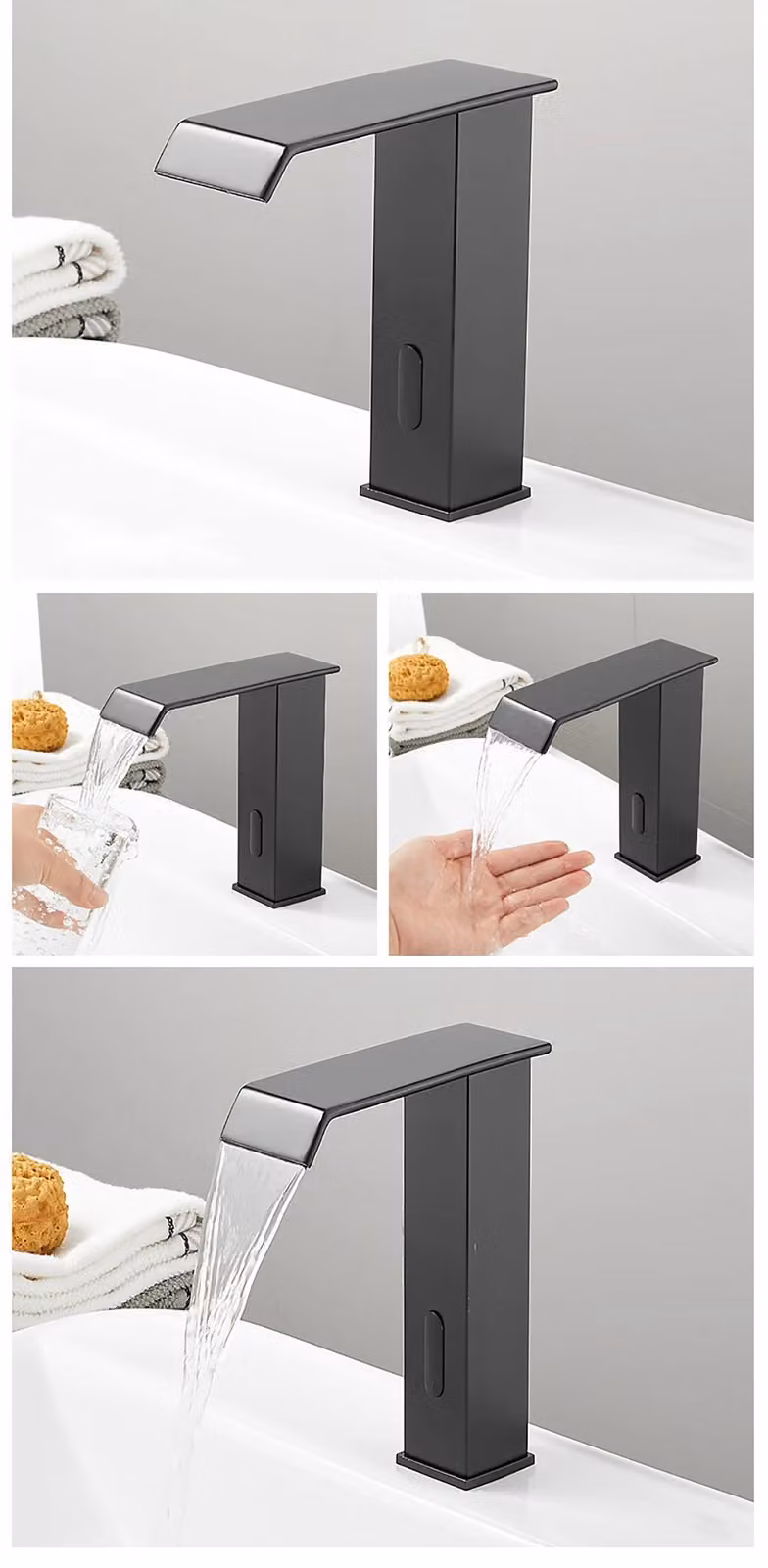 Miscelatore per lavabo da bagno - Miscelatore monocomando automatico con sensore - Bocchetta a cascata - Acqua calda e fredda - Ottone - Montaggio a incasso - Nero