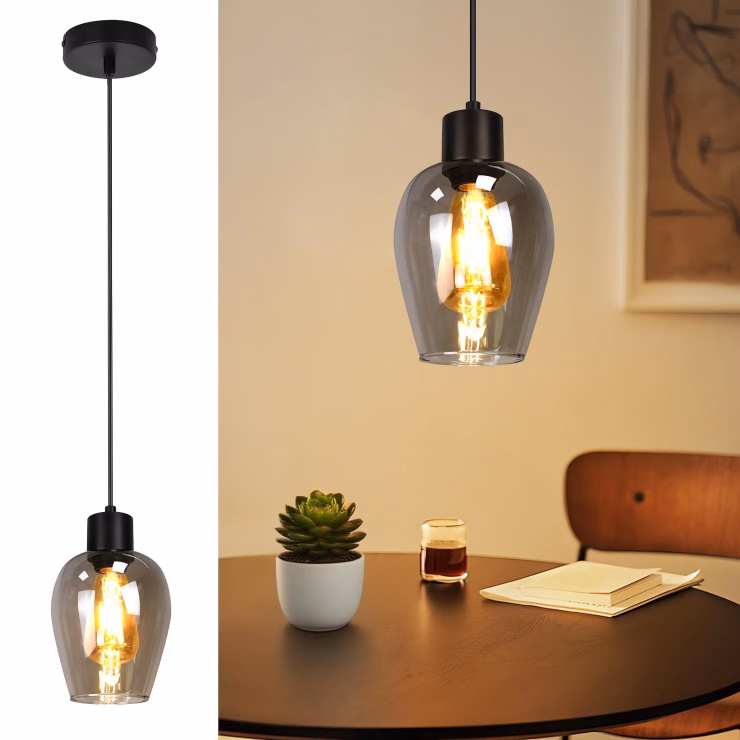 ZMH lampada a sospensione nera per tavolo da pranzo - luce a sospensione E27 a fiamma singola per sala da pranzo lampada in vetro fumé vintage per cucina camera da letto hotel sala da pranzo - senza fonte di luce