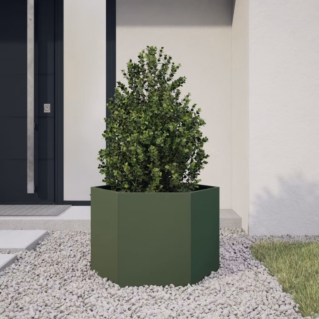 Fioriera da giardino esagonale vidaXL in acciaio verde oliva L: 69 cm, P: 60 cm, H: 45 cm