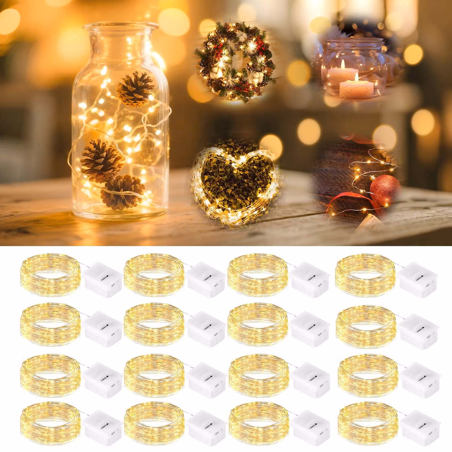 Catena luminosa a LED, 2 metri, 20 LED, 3 modalità, luce bianco caldo, filo di rame