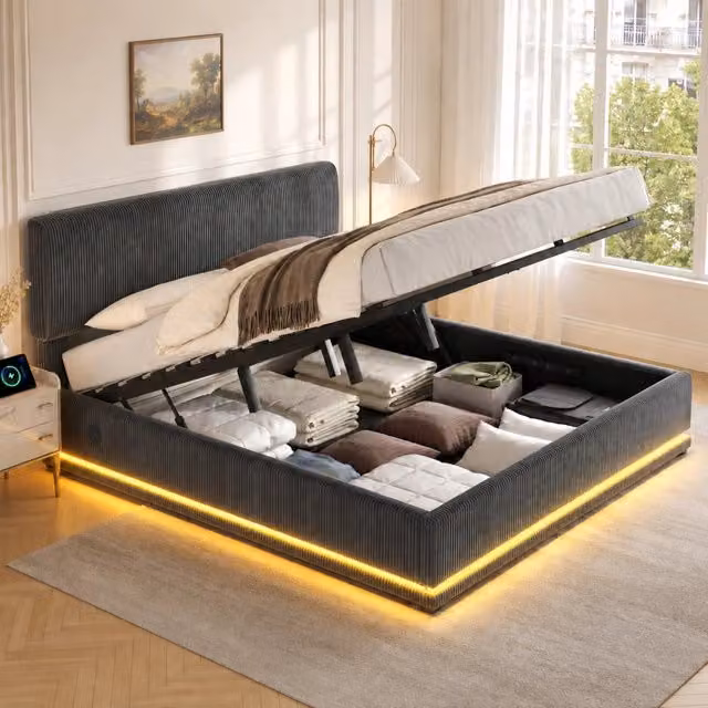 Letto in velluto a coste grigio scuro 180×200 cm con testata regolabile su 3 altezze, LED, USB-C e contenitore sottopiano