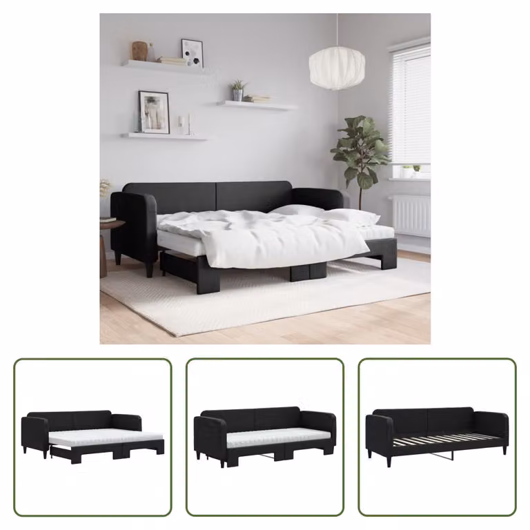 The Living Store Lettino allungabile con materassi nero 80x200 cm in tessuto