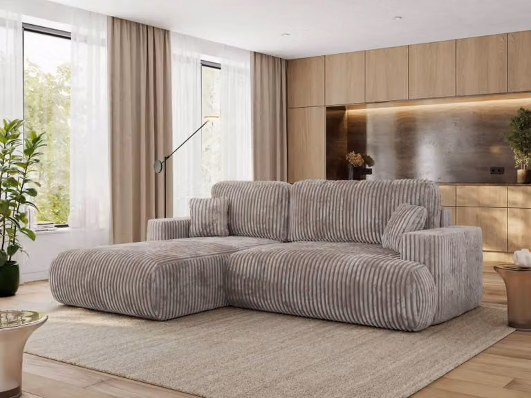MKS MEBLE divano angolare OVO con funzione letto e box letto, velluto a coste marrone chiaro, divano a L, divano angolare a 4 posti, 271x195x95 cm - lato sinistro