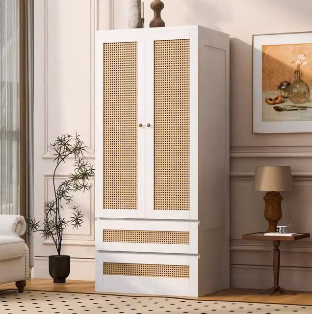 Armadio a 2 ante con 2 cassetti e ante effetto rattan; 70 x 55 x 170 cm; bianco