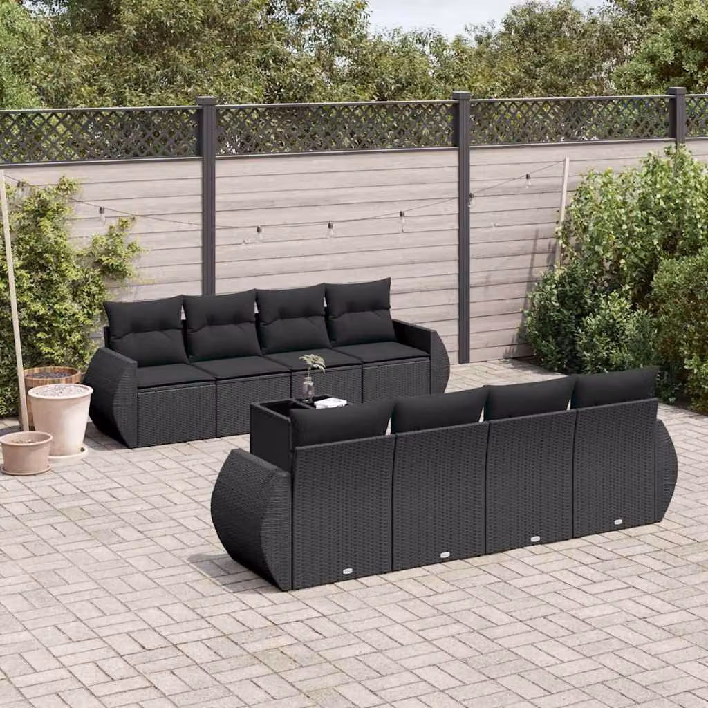 vidaXL Set Divani da Giardino 9 pz a Forma a U con Cuscini e Tavolino Nero in Polyrattan e Acciaio – 1