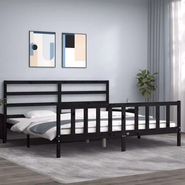 Giroletto con Testiera-Struttura Letto con testiera Nero 200x200 cm in Legno Massello 483305