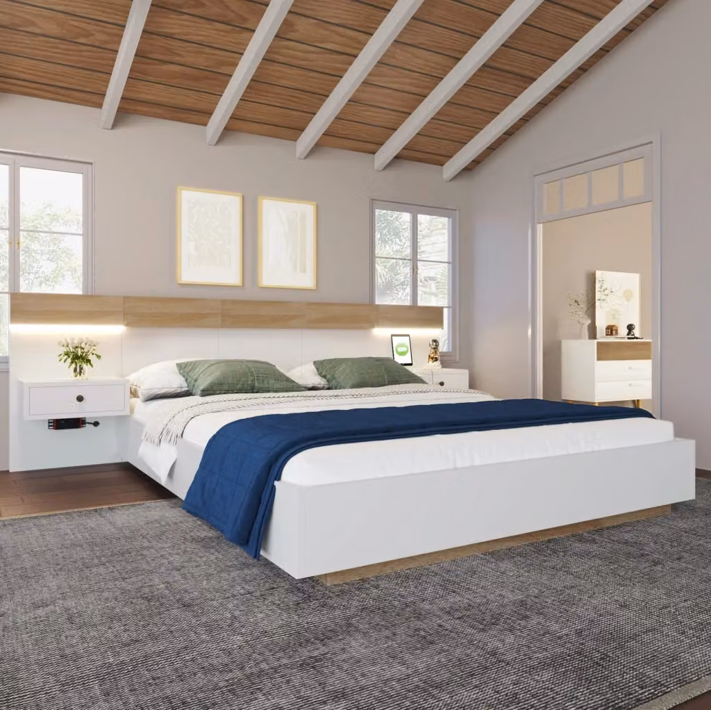 Letto matrimoniale OkMyHome moderno con 2 comodini, luci LED integrate, prese USB/Type-C e contenitore, colore bianco e rovere, L/P/H: 140 x 200 x 90.5 cm – 2