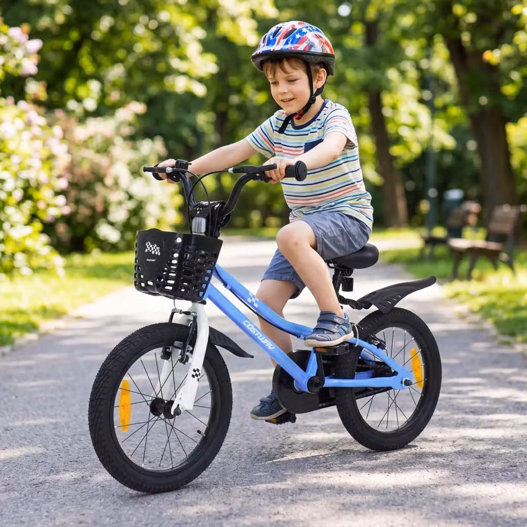 Bicicletta sportiva blu per bambini dai 3 ai 5 anni con altezza regolabile, stabilizzatori e cestino rimovibile – 2