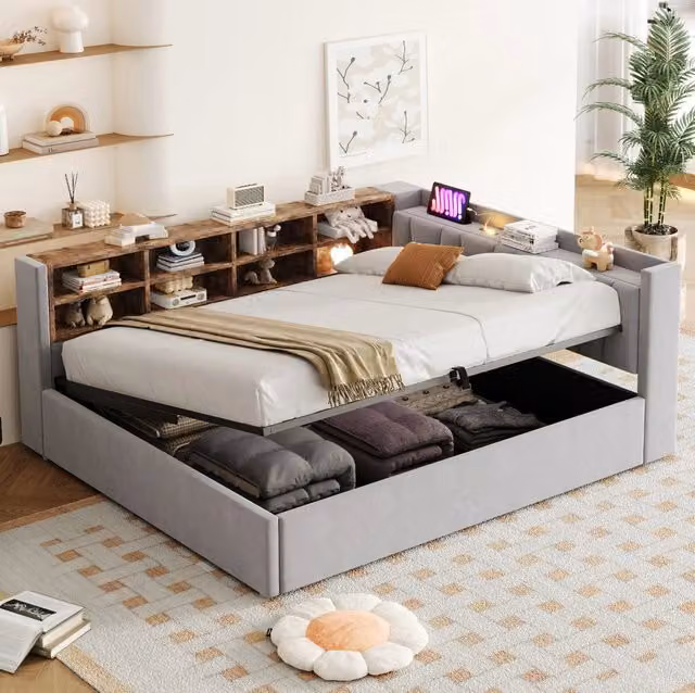 Letto imbottito 140x200 cm in velluto grigio chiaro con contenitore idraulico, USB e luce