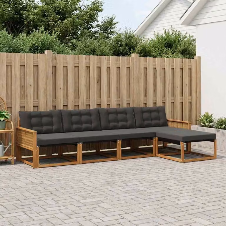 vidaXL Set di divani da esterno a L composto da 5 pezzi in legno di acacia e textilene, colore marrone e nero