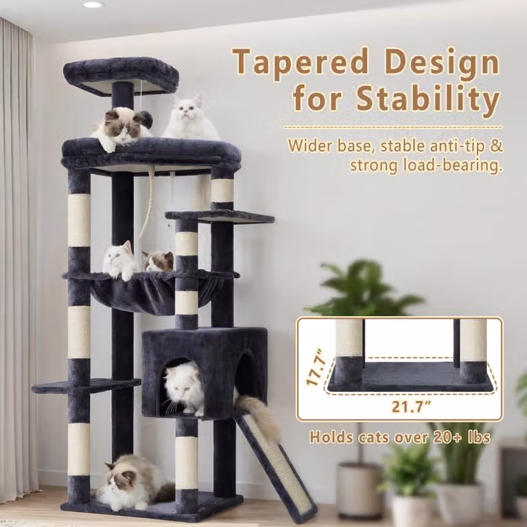 Albero per gatti di medie dimensioni, alto 163 cm, con ampie superfici per sdraiarsi, pali in sisal e una casetta, ideale per i gatti