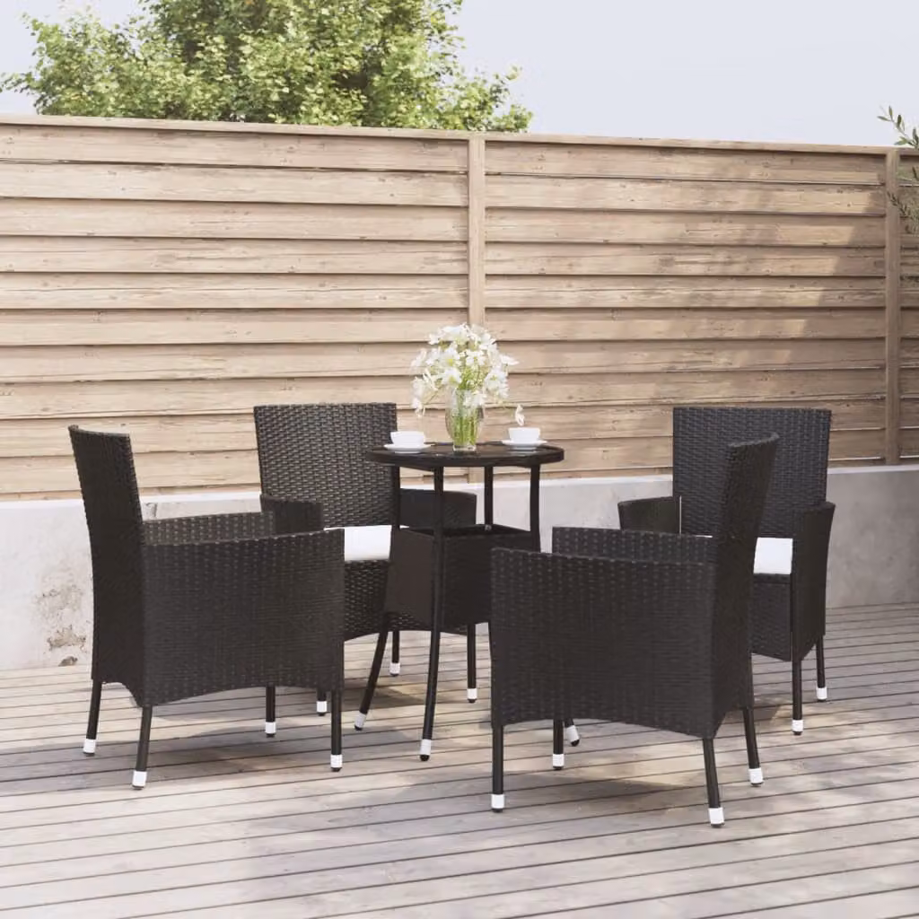 Set Bistrò da Giardino vidaXL in Polyrattan Nero con Cuscini e Tavolo in Vetro, 5 Pezzi