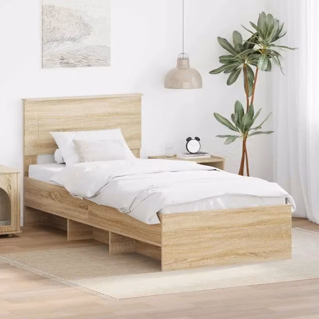 Struttura letto moderno vidaXL in legno color rovere con scomparti laterali 80 x 200 cm
