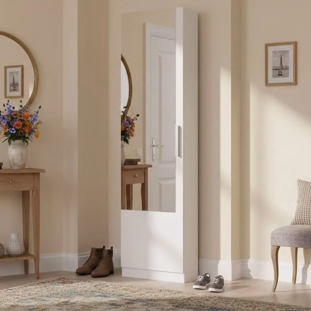 Scarpiera Euro DMORA Armadio Portascarpe Moderno con Specchio Bianco L 50 cm, P 22 cm, H 180 cm
