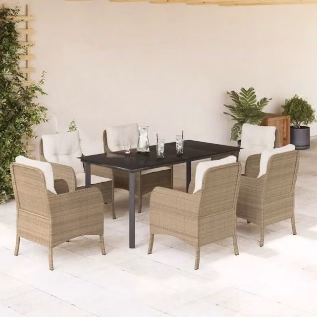 Set da pranzo da giardino vidaXL in polyrattan con cuscini beige e tavolo in vetro, 7 pezzi – 1