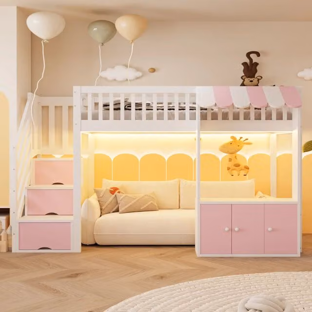 Letto a soppalco 90 × 200 cm con scala contenitore, led multicolore, senza materasso, in legno, rosa e bianco