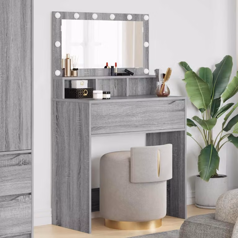 vidaXL Tavolo da trucco moderno con LED per camera da letto, grigio, L: 135,0 cm, P: 39,5 cm, H: 80,0 cm