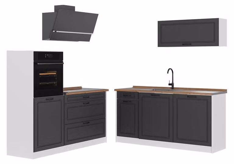 Cucina componibile Vicco R-Line Antracite country/Bianco 160 cm piano di lavoro Rovere dorato, Model 67719