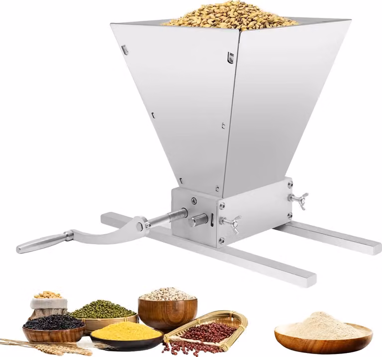 Mulino per cereali azionato a mano, capacità 4 litri, distanza tra i rulli regolabile (0-2,5 mm), struttura in acciaio inox e Acciaio al carbonio, funzionamento manuale, design compatto