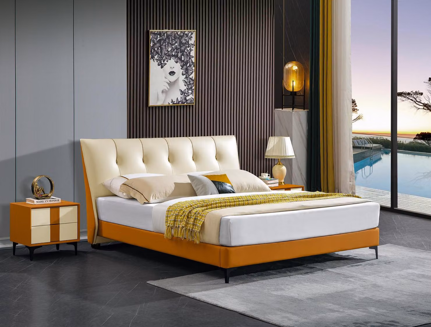 Luxus Lederbett Bett Doppel Ehe Polster Hotel Komplettes Set Nachttische Betten