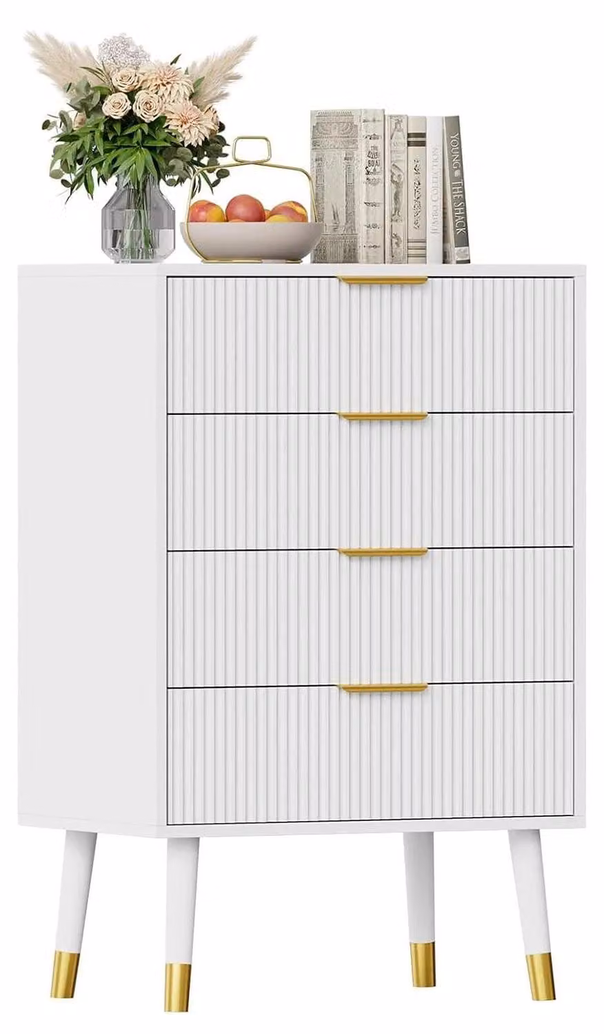 Comodà - Comodà alta a 4 cassetti - In legno - Stile minimalista moderno - Maniglie dorate - Compatta - Per camera da letto/corridoio/soggiorno - Bianca