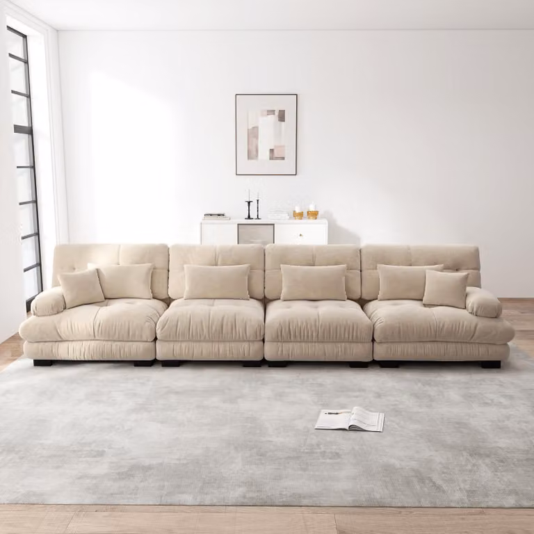 Divano angolare modulare Sweiko a 4 posti con seduta profonda, divano letto in ciniglia Comodo imbottito per soggiorno, appartamento, studio, ufficio, ciniglia marrone chiaro