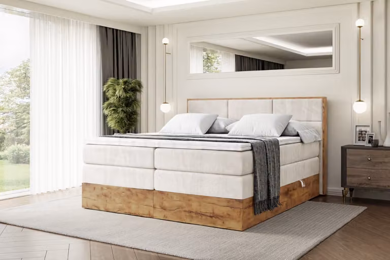 Letto boxspring ALTDECOR con materasso e rete a doghe, topper, letto imbottito con contenitore, letto con vano portaoggetti, materassi H3 e H4, letto matrimoniale, letto boxspring - LOLLI1 KING - 140x200 - Beige Casablanca